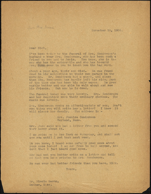 Elizabeth Glendower Evans typed letter (copy) to Nicola Sacco, [Boston?], 18 November 1926