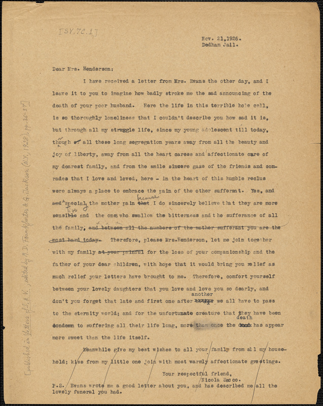 Nicola Sacco typed letter (copy) to Mrs. [Jessica] Henderson, Dedham, 21 November 1927