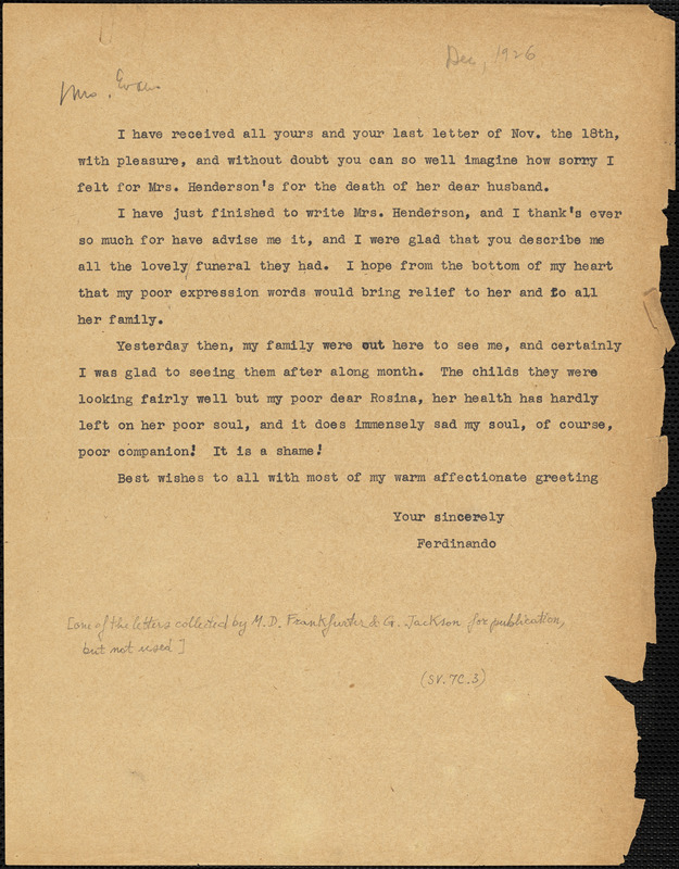 Nicola Sacco typed letter (copy) to [Elizabeth Glendower Evans] [Dedham], December 1926