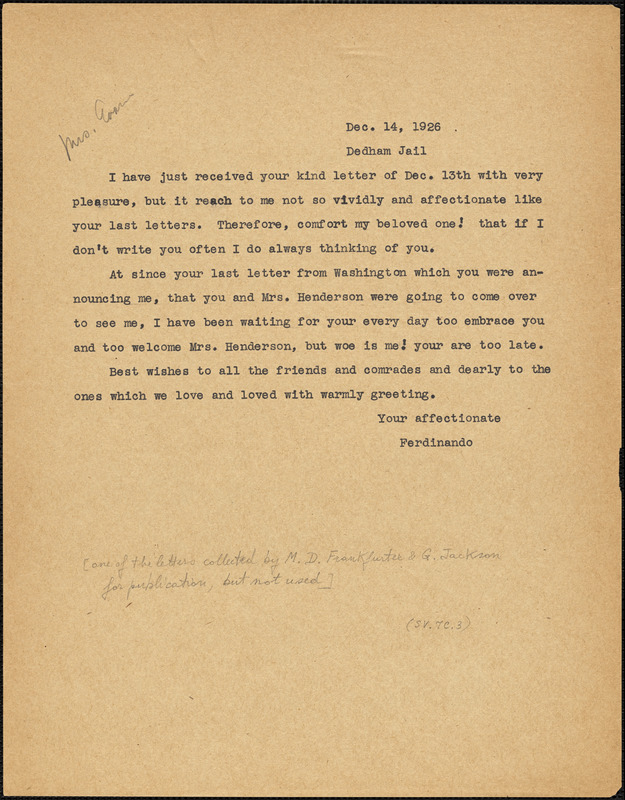 Nicola Sacco typed note (copy) to Elizabeth Glendower Evans., 14 December 1926