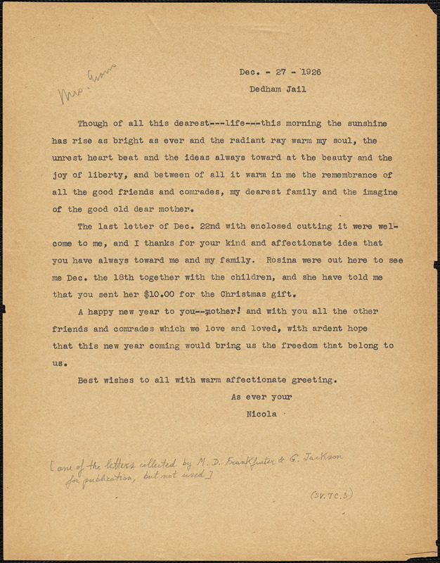 Nicola Sacco typed letter (copy) to [Elizabeth Glendower Evans], Dedham, 27 December 1926
