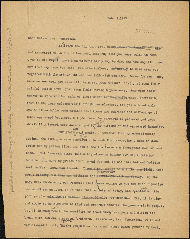 Nicola Sacco typed letter (copy) to Mrs. [Jessica] Henderson, [Dedham], 9 February 1927