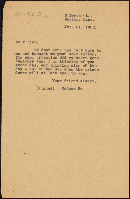 Elizabeth Glendower Evans typed note (copy) to Nicola Sacco, Boston, 21 February 1927
