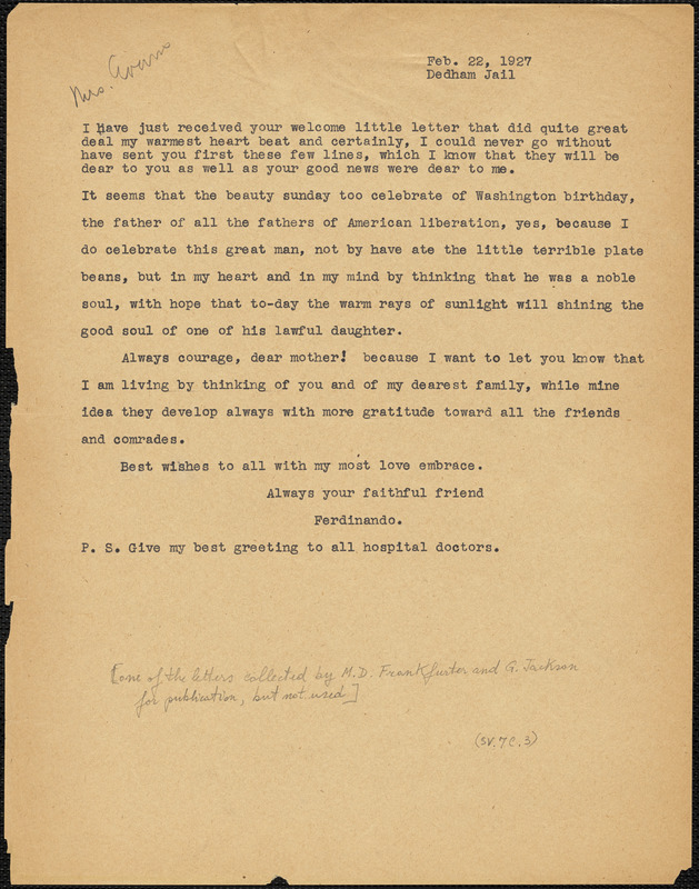 Nicola Sacco typed letter (copy) to Elizabeth Glendower Evans, Dedham, 22 February 1927