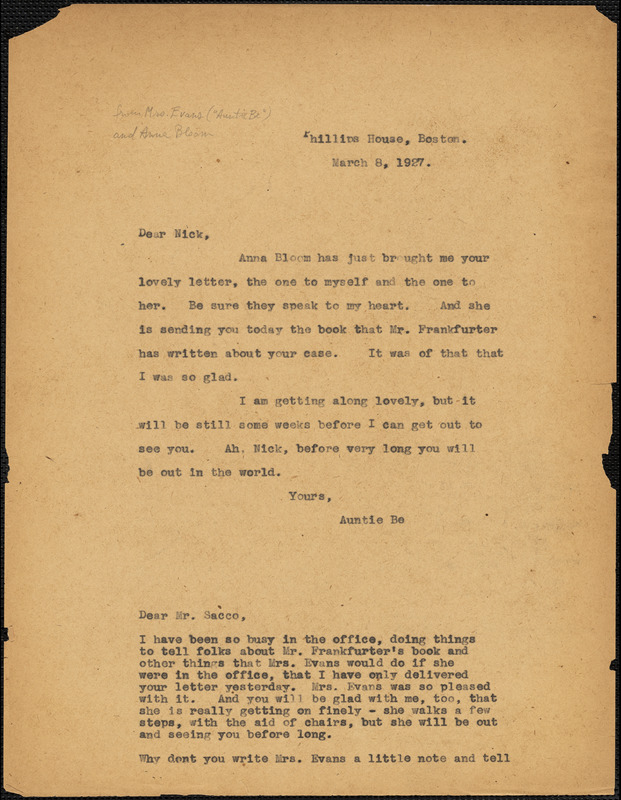 Elizabeth Glendower Evans typed note (copy) to Nicola Sacco, Boston, 8 March 1927
