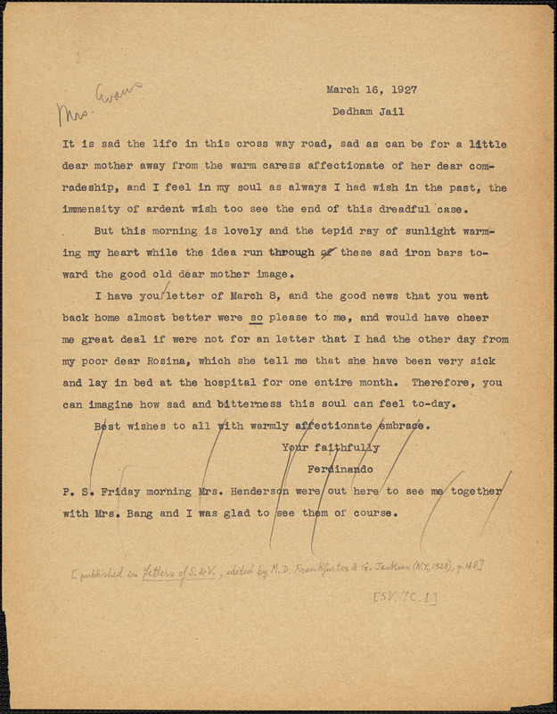 Nicola Sacco typed letter (copy) to Elizabeth Glendower Evans, Dedham, 26 March 1927