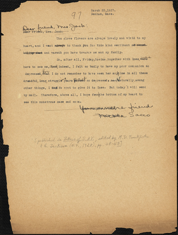 Nicola Sacco typed note (copy) to Mrs. [Cerise] Jack, [Dedham], 25 March 1927