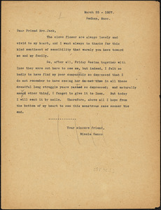 Nicola Sacco typed letter (copy) to Katherine B. Codman, [Dedham], 27 March 1927