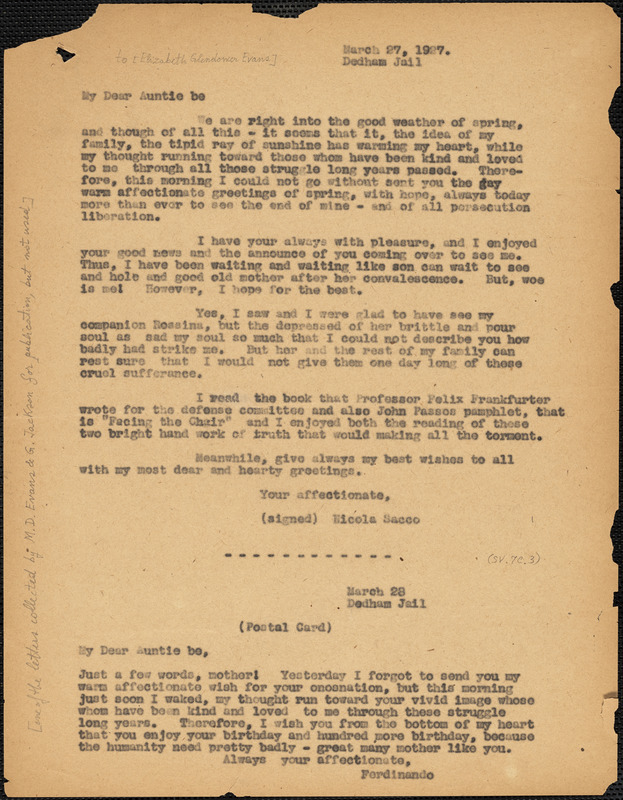 Nicola Sacco typed letter (copy) to "Auntie be" [Elizabeth Glendower Evans], Dedham, 27 March 1927
