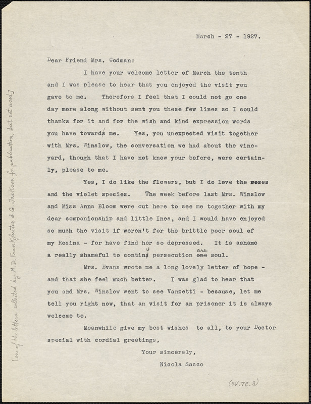 Nicola Sacco typed letter to Katherine B. Codman, [Dedham], 27 March 1927