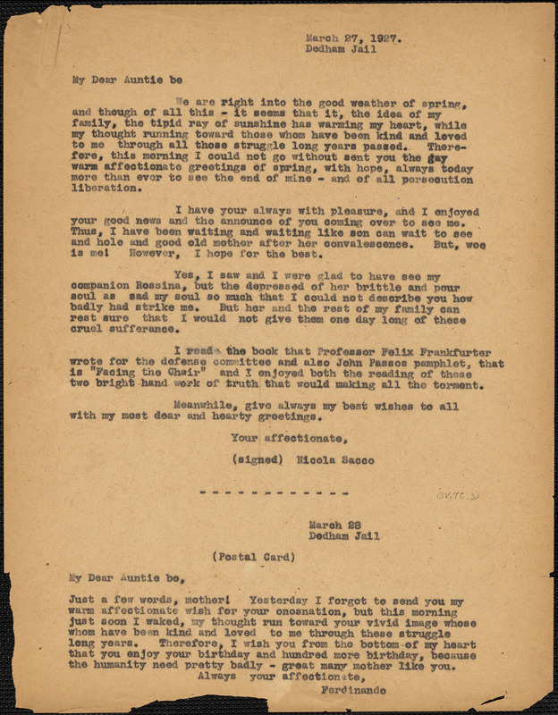 Nicola Sacco typed note (copy of postcard) to "Auntie Be" [Elizabeth Glendower Evans], Dedham, 28 March 1927