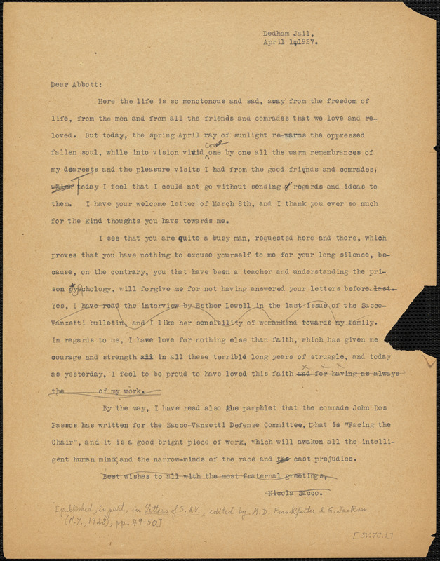Nicola Sacco typed letter (copy) to [Leonard D.] Abbott, Dedham, 1 April 1927