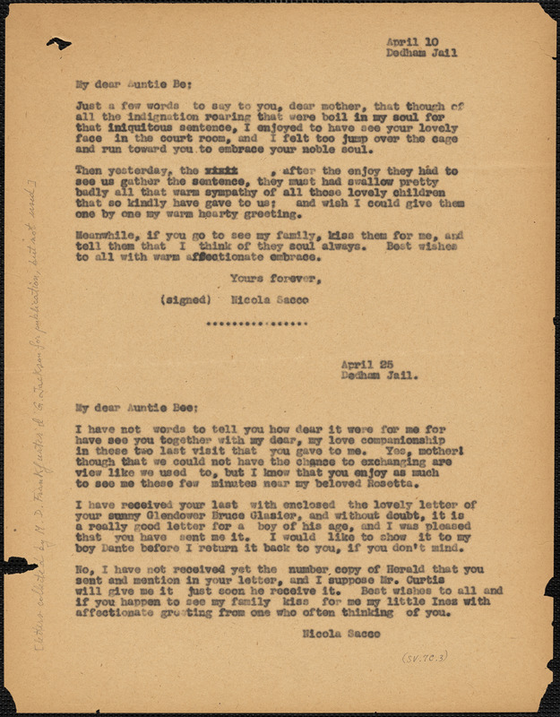 Nicola Sacco typed note (copy) to "Auntie Be" [Elizabeth Glendower Evans], Dedham, 10 April 1927 ; Nicola Sacco typed note (photocopy) to "Auntie Be" [Elizabeth Glendower Evans], Dedham, 25 April 1927