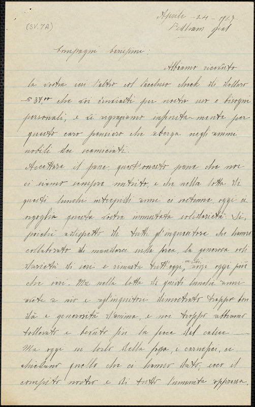 Nicola Sacco autographed letter signed to "Compagni carissimi", Dedham, 24 April 1927