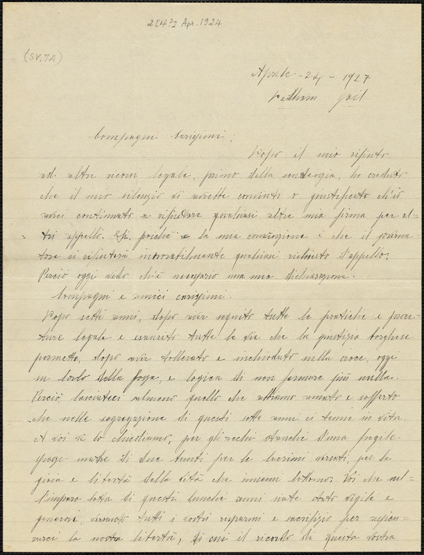 Nicola Sacco autographed letter signed to "Compagni carissimi", Dedham, 24 April 1927