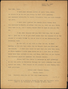 Nicola Sacco typed letter (copy) to Mrs. [Cerise] Jack, Dedham, 25 April 1927