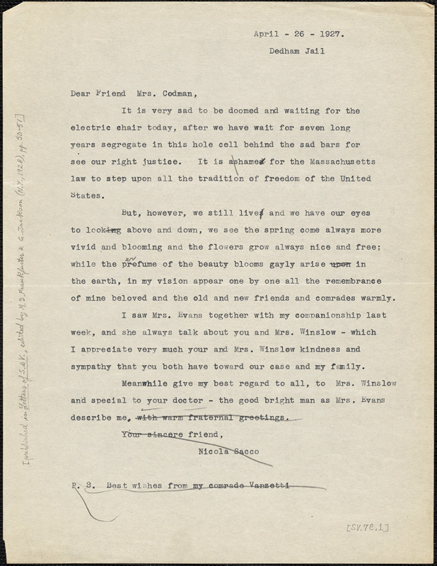 Nicola Sacco typed letter (copy) to Mrs. Katherine B. Codman, Dedham, 26 April 1927