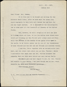 Nicola Sacco typed letter (copy) to Mrs. Katherine B. Codman, Dedham, 26 April 1927