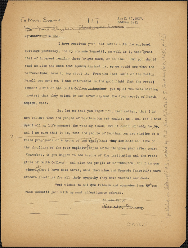 Nicola Sacco typed letter (copy) to "Auntie Bee" [Elizabeth Glendower Evans], Dedham, 27 April 1927