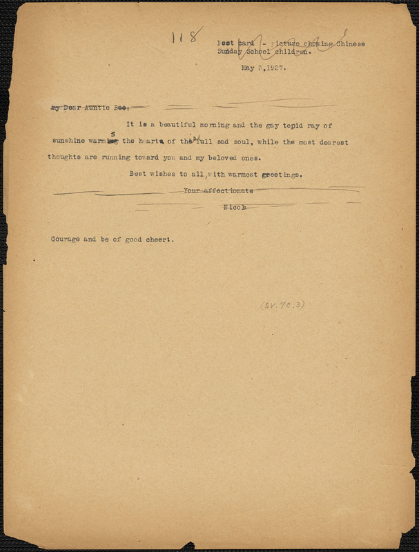 Nicola Sacco typed note (copy of postcard) to "Auntie Bee" [Elizabeth Glendower Evans], [Dedham], 3 May 1927