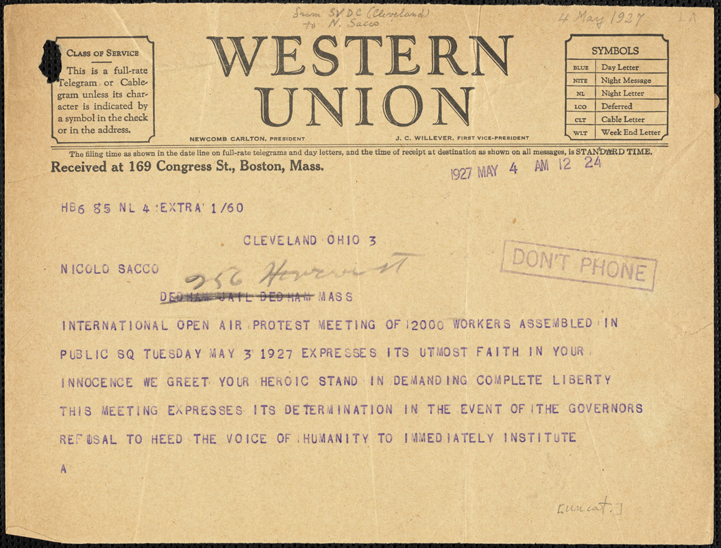 Sacco-Vanzetti Defense Committee (Cleveland) typed cable (copy) to Nicola Sacco, Cleveland, 4 May 1927