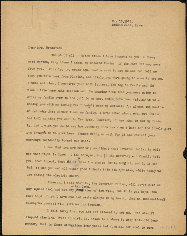 Nicola Sacco typed letter (copy) to [Jessica] Henderson, Dedham, 15 May 1927