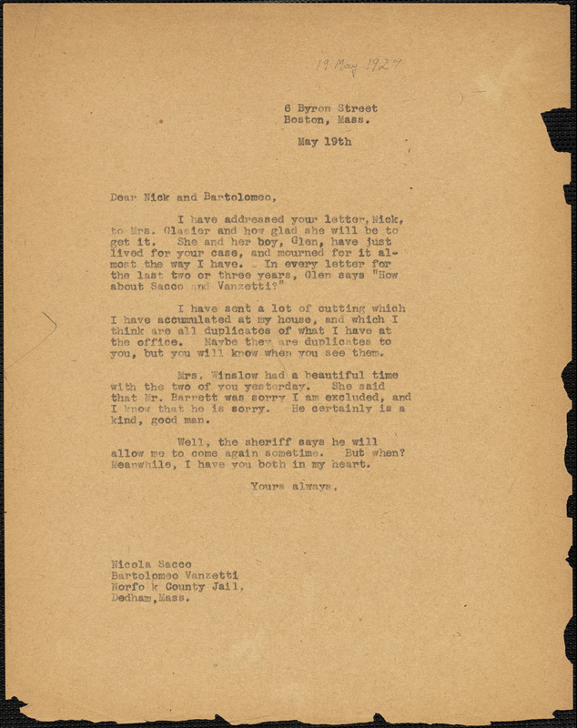 Elizabeth Glendower Evans typed letter (copy) to Nicola Sacco and Bartolomeo Vanzetti, Boston, 19 May 1927