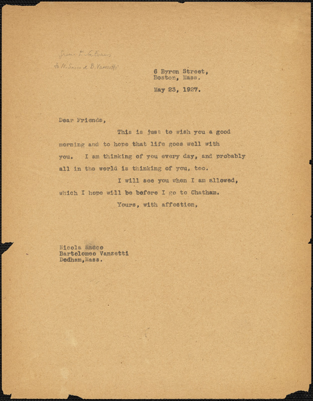 Elizabeth Glendower Evans typed note (copy) to Nicola Sacco, Boston, 23 May 1927