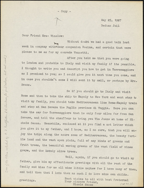 Nicola Sacco typed letter (copy) to Gertrude L. Winslow, Dedham, 25 May 1927