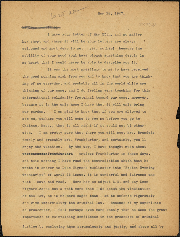 Nicola Sacco typed letter (copy) to "Auntie bi" [Elizabeth Glendower Evans], [Dedham], 28 May 1927
