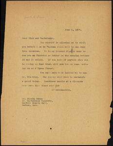Elizabeth Glendower Evans typed note (copy) to Nicola Sacco and Bartolomeo Vanzetti, [Boston], 1 June 1927