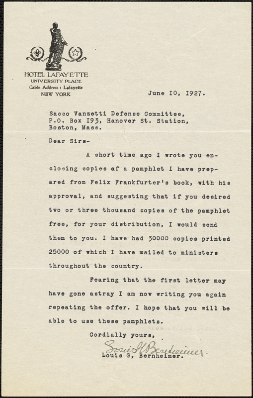 Louis G. Bernheimer typed letter signed to the Sacco-Vanzetti Defense Committee, N.Y., 10 June 1927