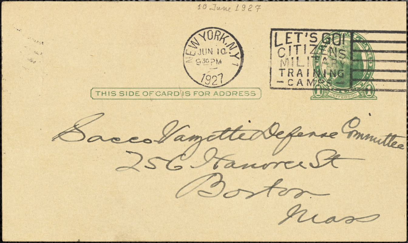 Brentano's Inc. (postcard) to the Sacco-Vanzetti Defense Committee, N.Y., 10 June 1927