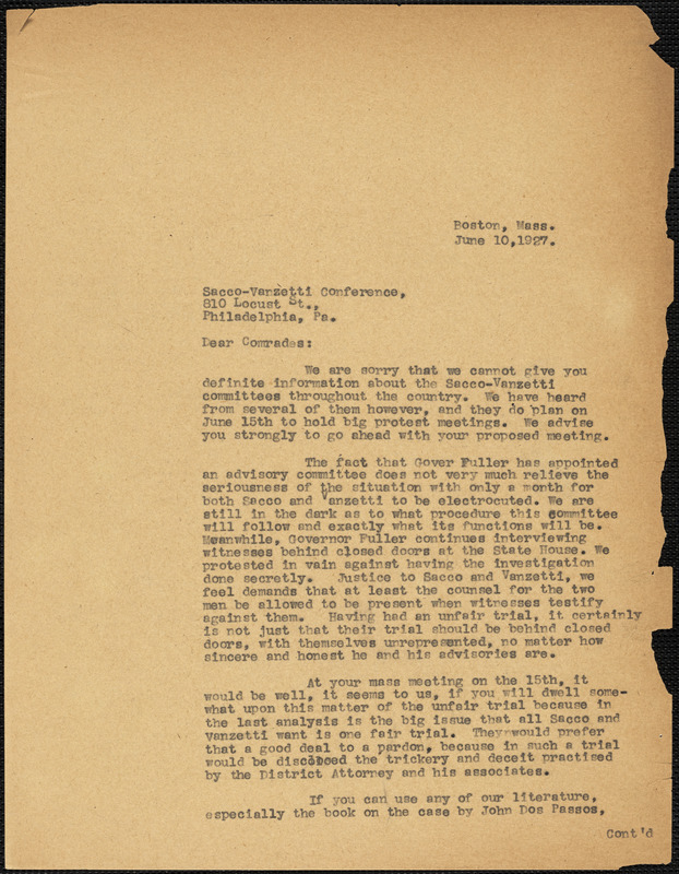 Sacco-Vanzetti Defense Committee typed letter (copy) to Sacco-Vanzetti Conference [Philadelphia], Boston, 10 June 1927