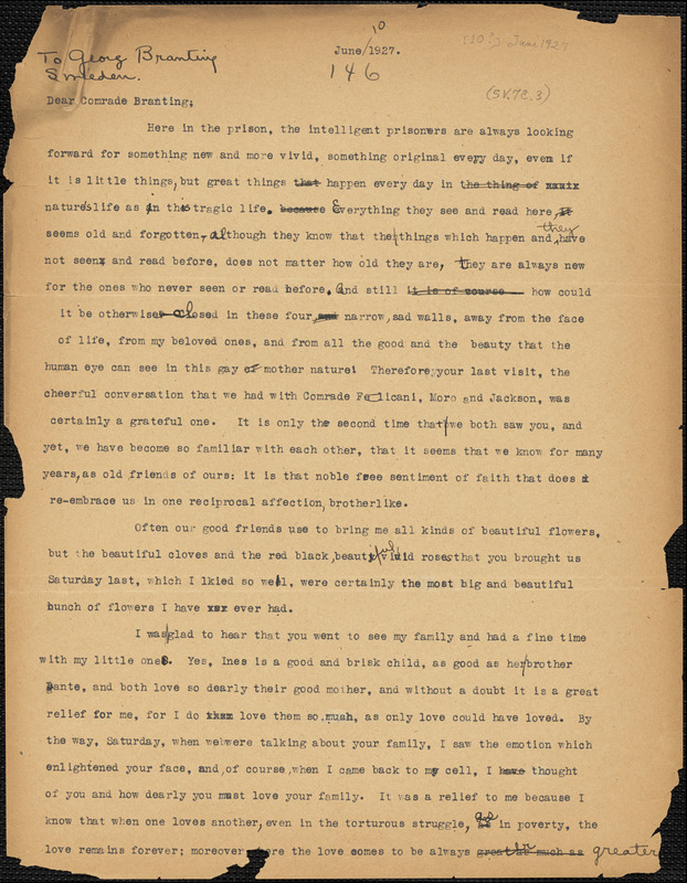 Nicola Sacco typed letter (copy) to Georg Branting, [Dedham, 10?] June 1927