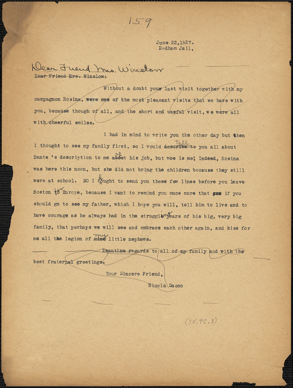 Nicola Sacco typed letter (copy) to [Gertrude L.] Winslow, Dedham, 22 June 1927