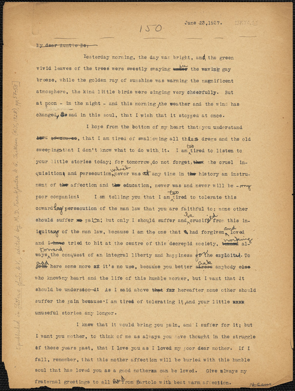 Nicola Sacco typed letter (copy) to "My dear Auntie Be" [Elizabeth Glendower Evans], Dedham, 23 June 1927