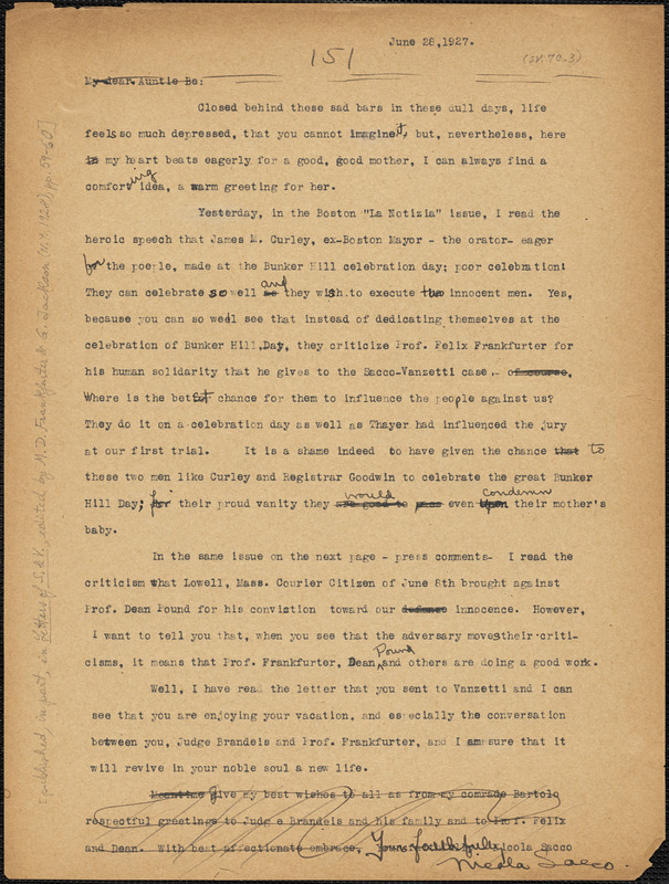 Nicola Sacco typed letter (copy) to "Auntie Be" [Elizabeth Glendower Evans], [Dedham], 29 June 1927