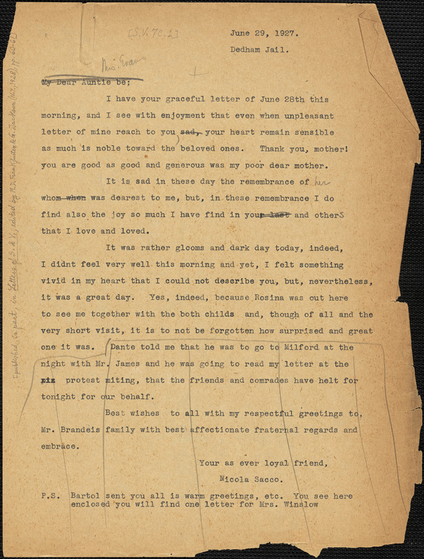Nicola Sacco typed letter (copy) to "My Dear Auntie Be" [Elizabeth Glendower Evans], Dedham, 29 June 1927