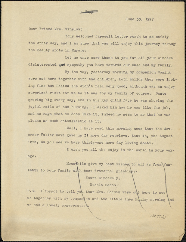 Nicola Sacco typed letter (copy) to [Gertrude L.] Winslow, [Dedham], 30 June 1927