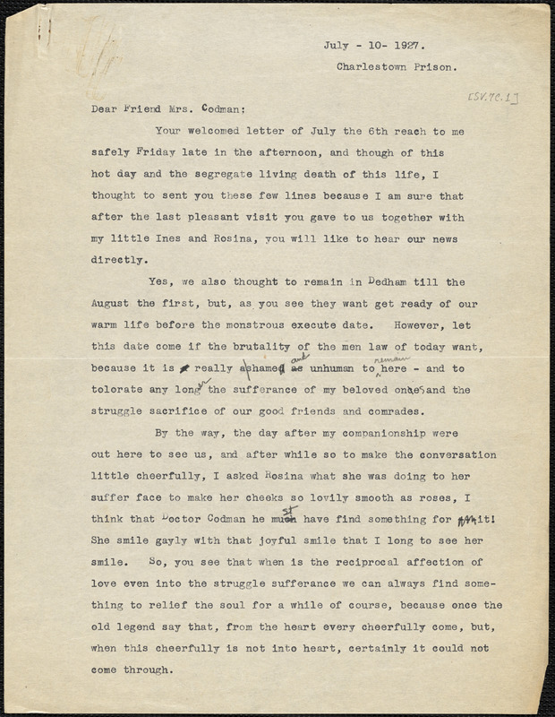 Nicola Sacco typed letter (copy) to Mrs. [Katherine B.] Codman, Charlestown, 10 July 1927