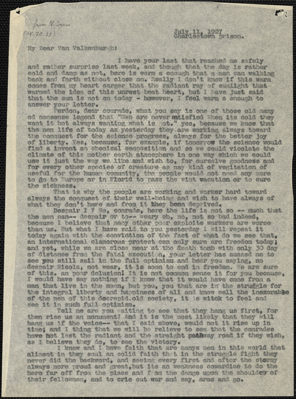 Nicola Sacco typed letter to [Warren Starr] Van Valkenburgh, Charlestown, 11 July 1927