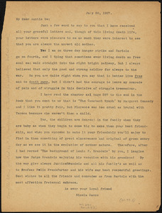 Nicola Sacco typed letter (copy) to "Auntie Be", [Charlestown], 20 July 1927