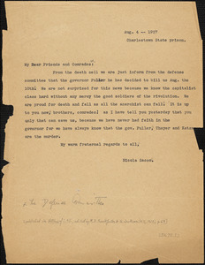 Nicola Sacco typed letter (copy) to "My dear Friends and Comrades" (Sacco-Vanzetti Defense Committee, Boston, MA), Charlestown, 4 August 1927