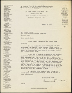 Norman M. Thomas typed letter signed to Nicola Sacco, N.Y., 4 August 1927