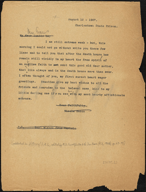 Nicola Sacco typed letter (copy) to "My dear Auntie Bee" [Elizabeth Glendower Evans], Charlestown, 12 August 1927