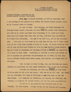 Nicola Sacco and Bartolomeo Vanzetti typed letter (copy) to "Dearest Friends and Comrades of the Sacco-Vanzetti Defense Committee", Boston, MA, from the Death-House of the Massachusetts State Prison, 21 August 1927