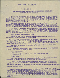 Des Intellectuels Francais Aux Intellectuels Americains typed letter to Nicola Sacco and Bartolomeo Vanzetti
