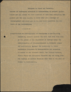 Workers of Washington telegram to Nicola Sacco and Bartolomeo Vanzetti