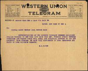 E.G. Flynn telegram to Nicola Sacco and Bartolomeo Vanzetti, New York, 4 December 1920